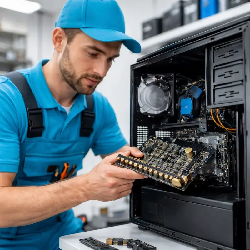 Мастер устанавливает звуковую карту на ПК в Видном